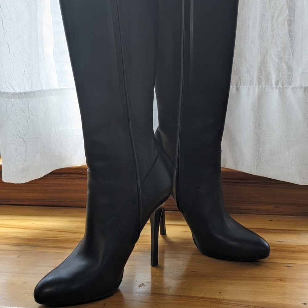 Ralph Lauren Collection knee high stilletto burnished calfskin designer boots